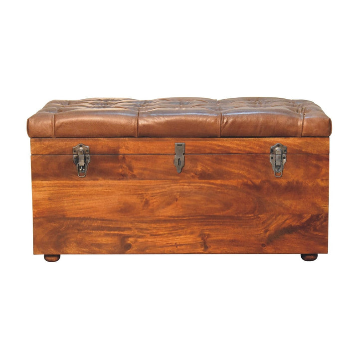 Handcrafted Buffalo Hide Chestnut Storage Trunk - Solid Mango Wood Blanket Chest for Bedroom - product view 2 showing...