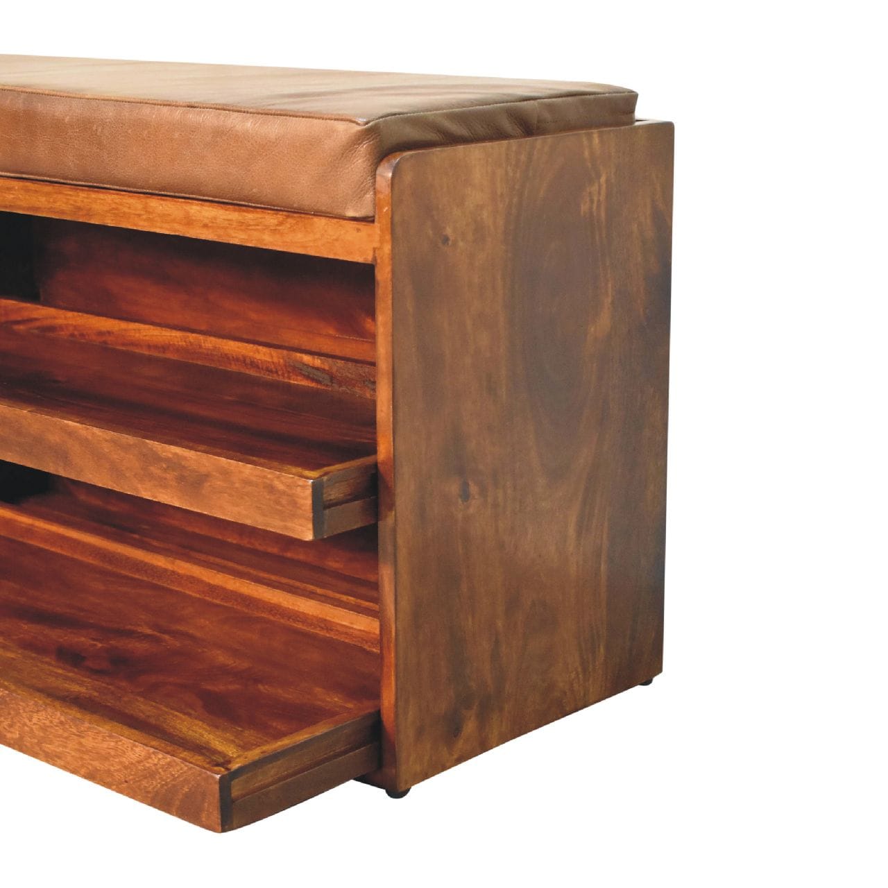 Handcrafted Buffalo Hide Pull out Chestnut Shoe Storage Bench - Solid Mango Wood Seating Furniture for Entryway - product...