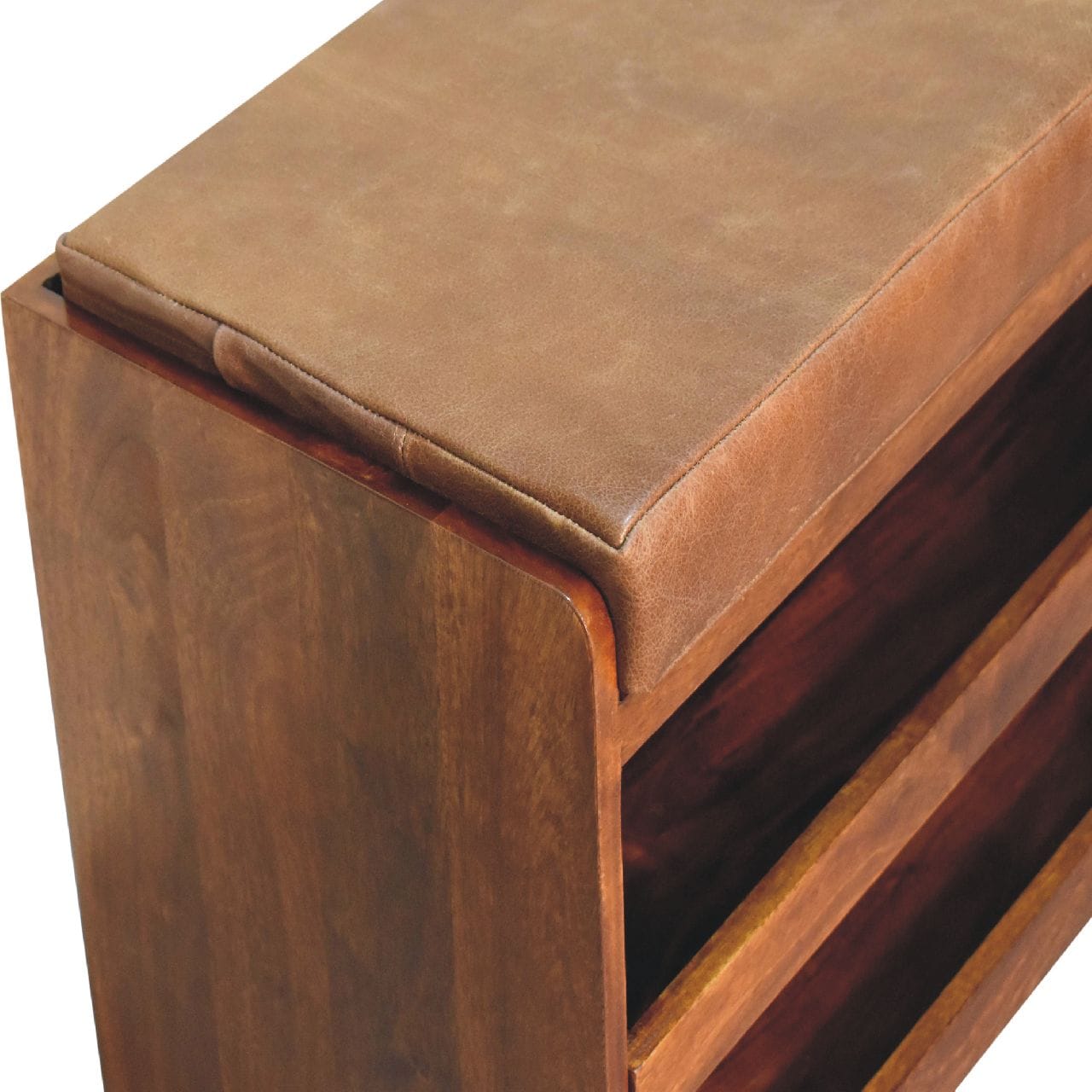Handcrafted Buffalo Hide Pull out Chestnut Shoe Storage Bench - Solid Mango Wood Seating Furniture for Entryway - product...