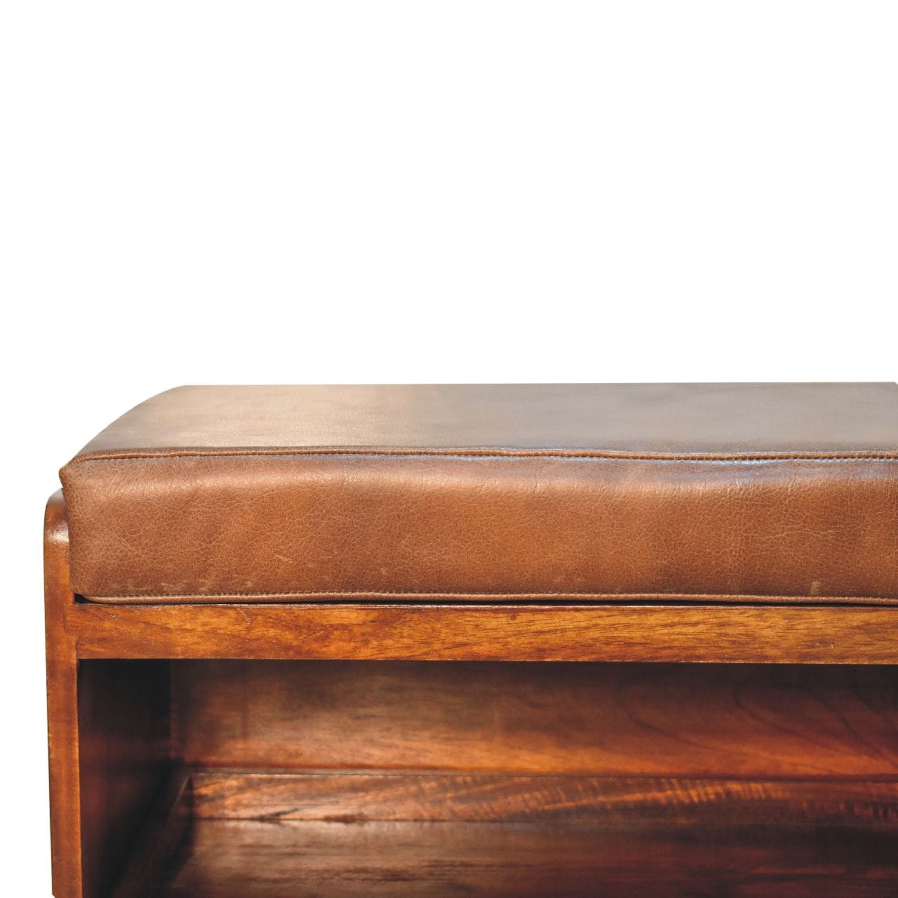 Handcrafted Buffalo Hide Pull out Chestnut Shoe Storage Bench - Solid Mango Wood Seating Furniture for Entryway - product...
