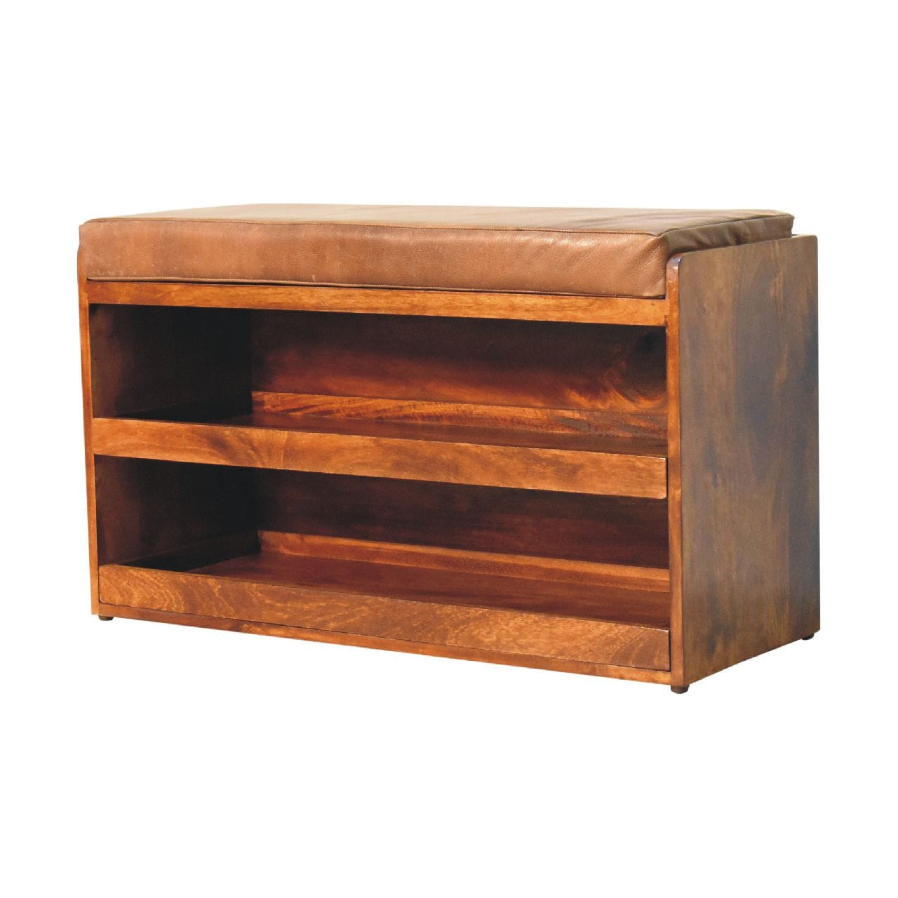 Handcrafted Buffalo Hide Pull out Chestnut Shoe Storage Bench - Solid Mango Wood Seating Furniture for Entryway - product...