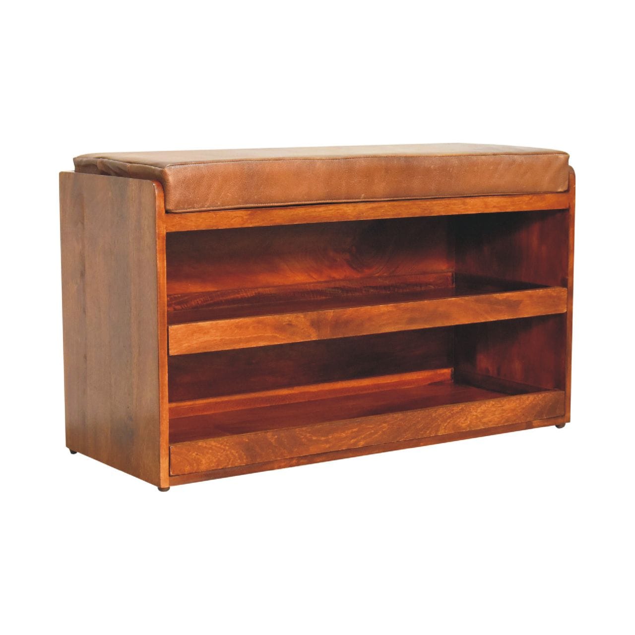 Handcrafted Buffalo Hide Pull out Chestnut Shoe Storage Bench - Solid Mango Wood Seating Furniture for Entryway - product...