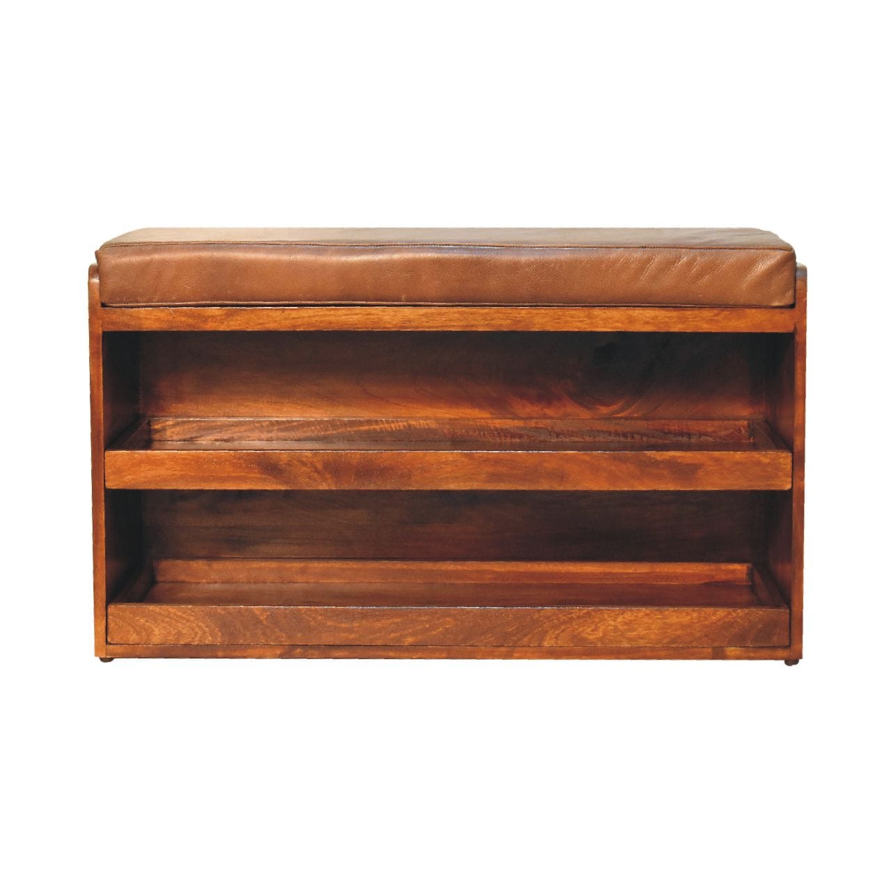 Handcrafted Buffalo Hide Pull out Chestnut Shoe Storage Bench - Solid Mango Wood Seating Furniture for Entryway - product...