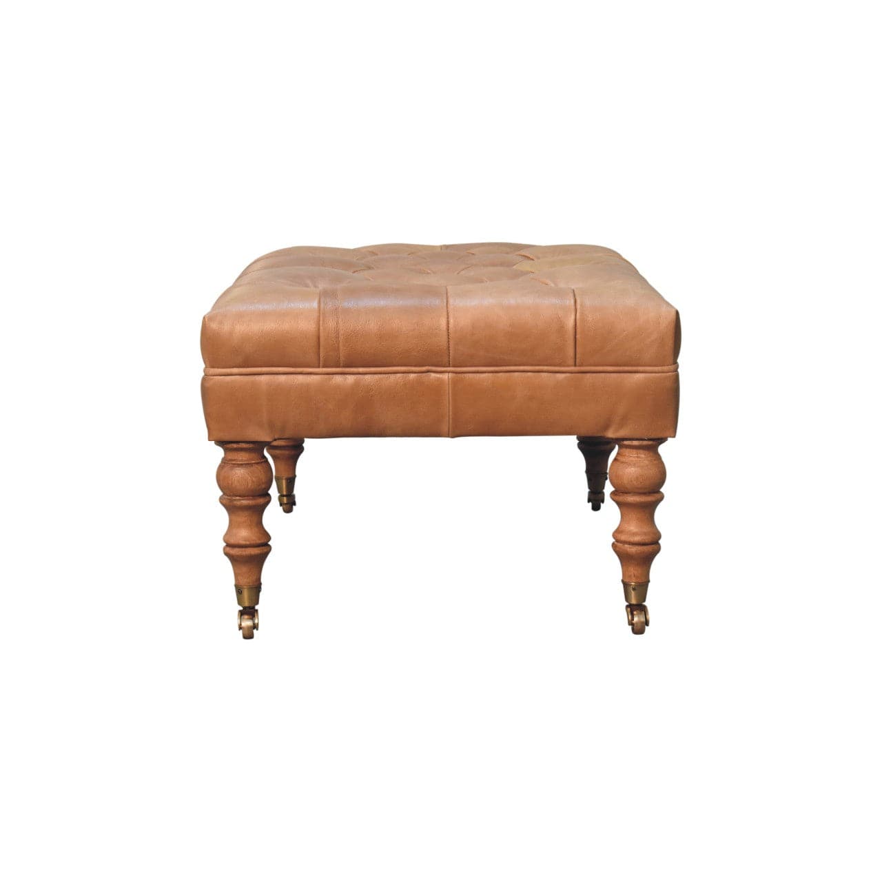 Handcrafted Buffalo Tan Leather Ottoman - Solid Mango Wood Accent Stool for Living Room - product view 9 showing...