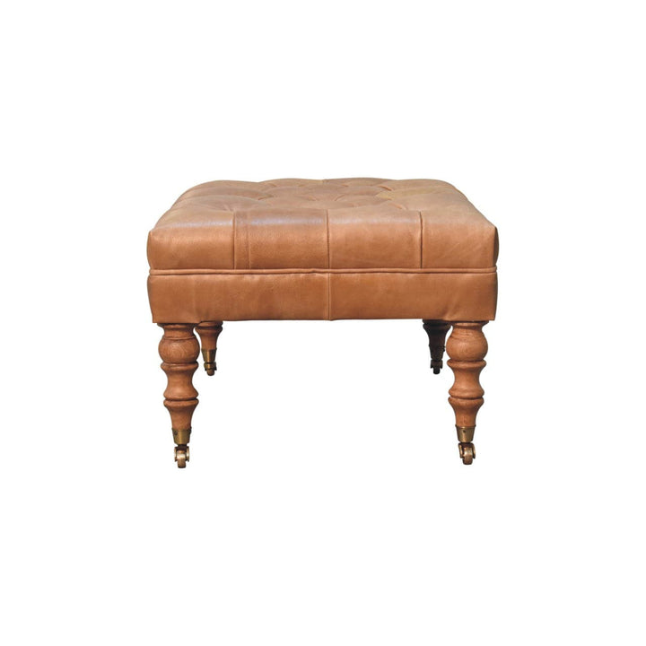 Handcrafted Buffalo Tan Leather Ottoman - Solid Mango Wood Accent Stool for Living Room - product view 9 showing...