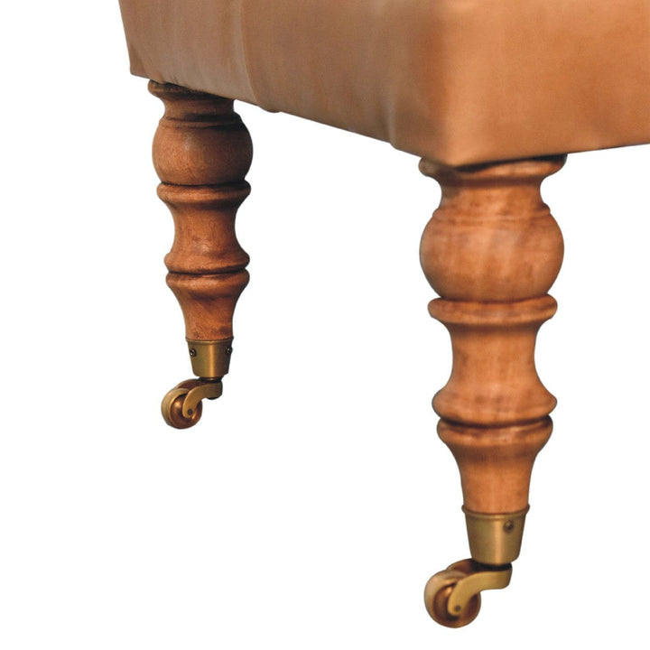 Handcrafted Buffalo Tan Leather Ottoman - Solid Mango Wood Accent Stool for Living Room - product view 8 showing...