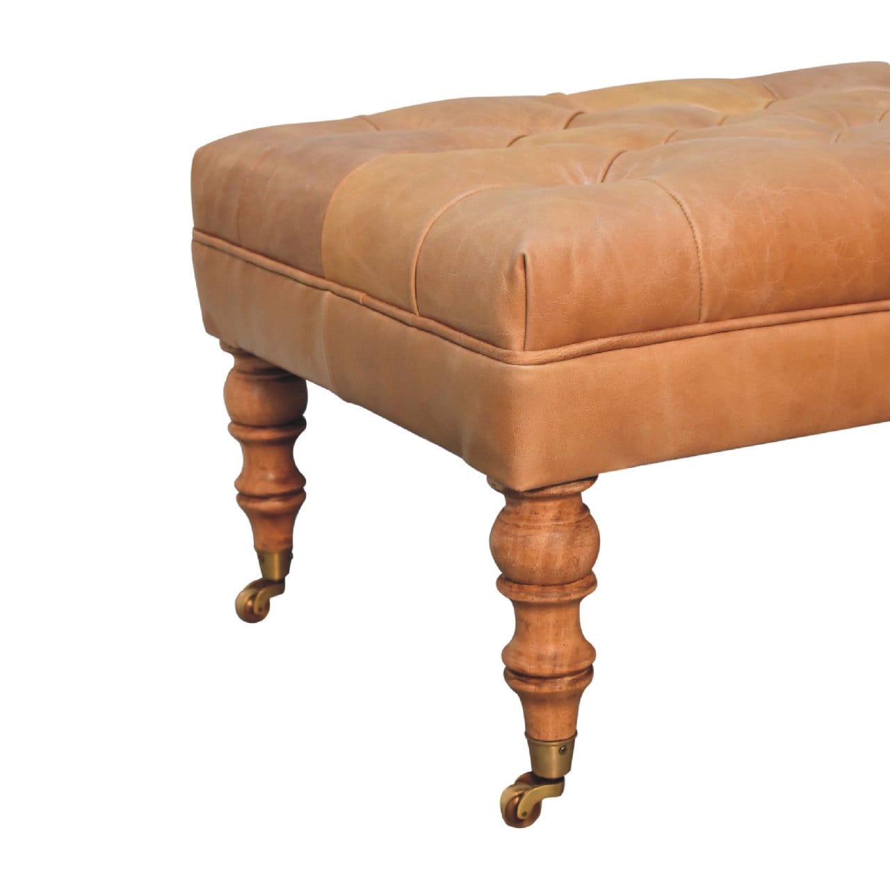 Handcrafted Buffalo Tan Leather Ottoman - Solid Mango Wood Accent Stool for Living Room - product view 7 showing...