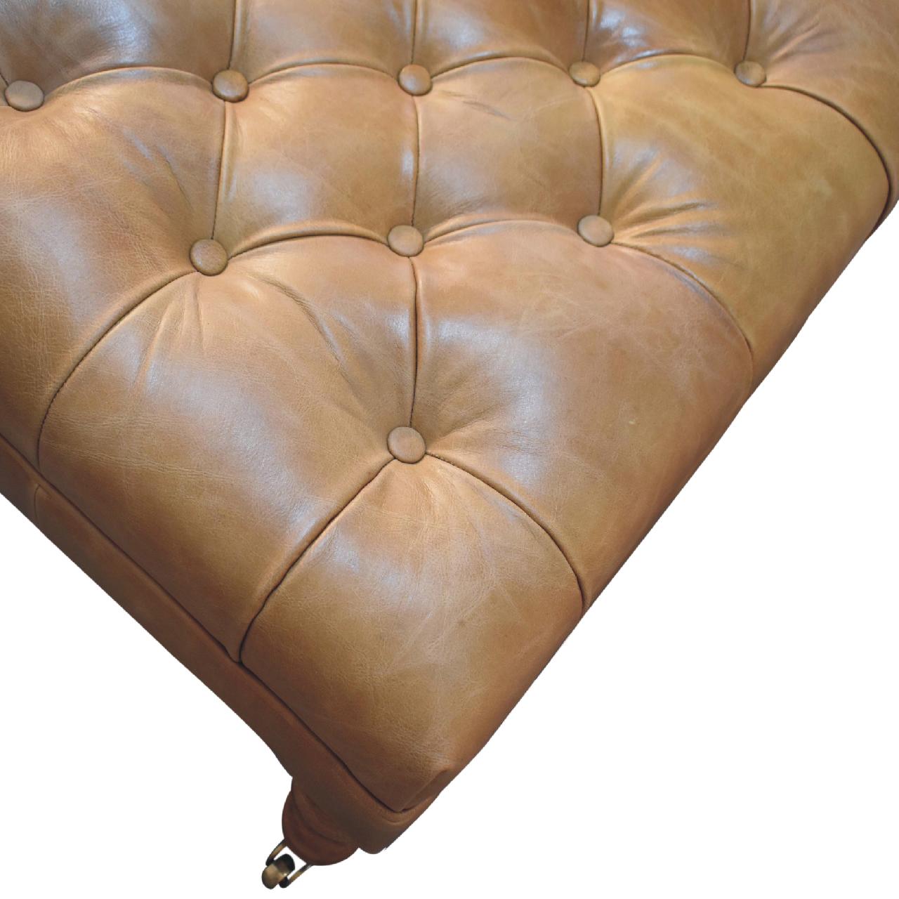 Handcrafted Buffalo Tan Leather Ottoman - Solid Mango Wood Accent Stool for Living Room - product view 6 showing...