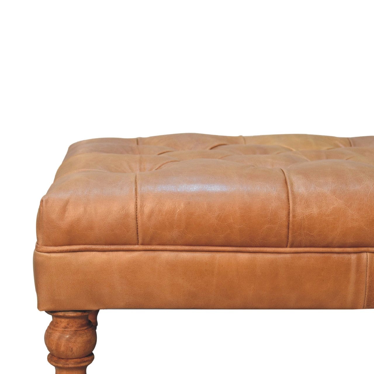 Handcrafted Buffalo Tan Leather Ottoman - Solid Mango Wood Accent Stool for Living Room - product view 5 showing...
