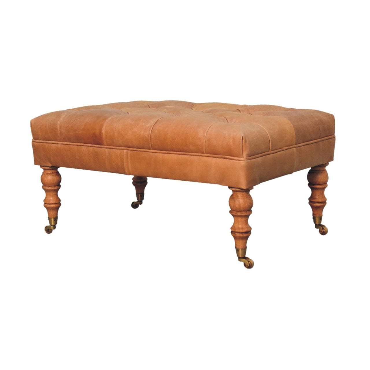 Handcrafted Buffalo Tan Leather Ottoman - Solid Mango Wood Accent Stool for Living Room - product view 4 showing...