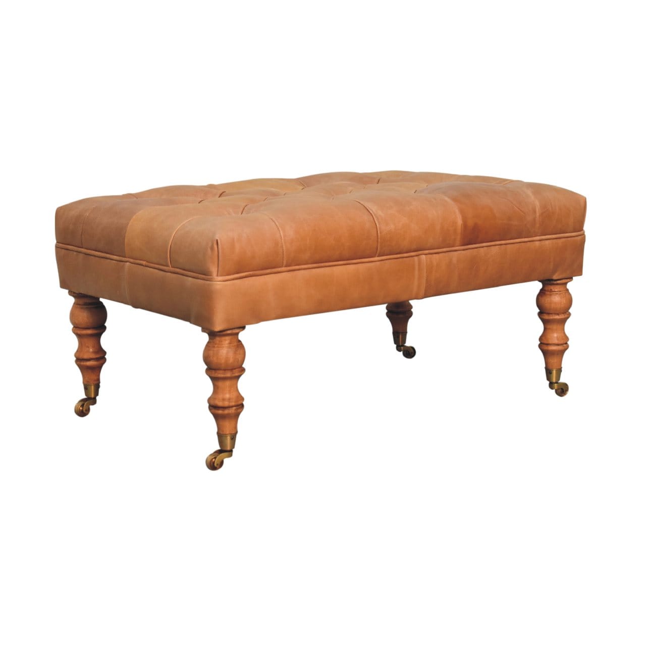 Handcrafted Buffalo Tan Leather Ottoman - Solid Mango Wood Accent Stool for Living Room - product view 3 showing...