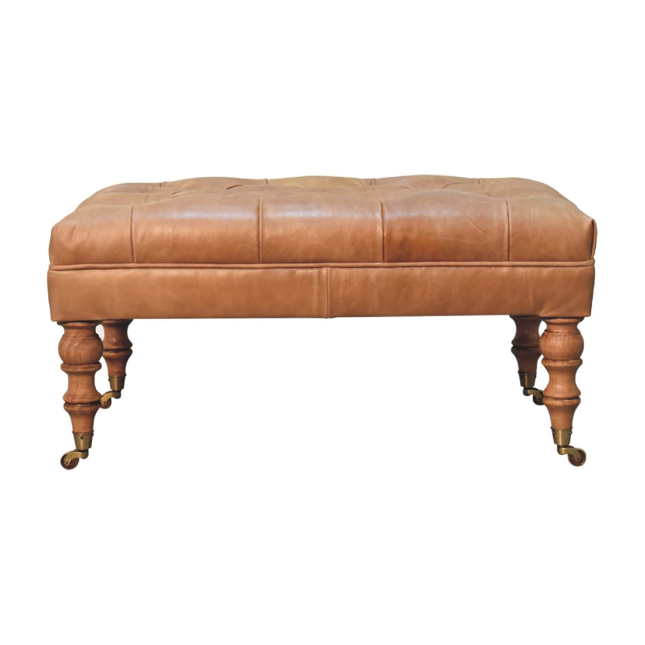 Handcrafted Buffalo Tan Leather Ottoman - Solid Mango Wood Accent Stool for Living Room - product view 2 showing...