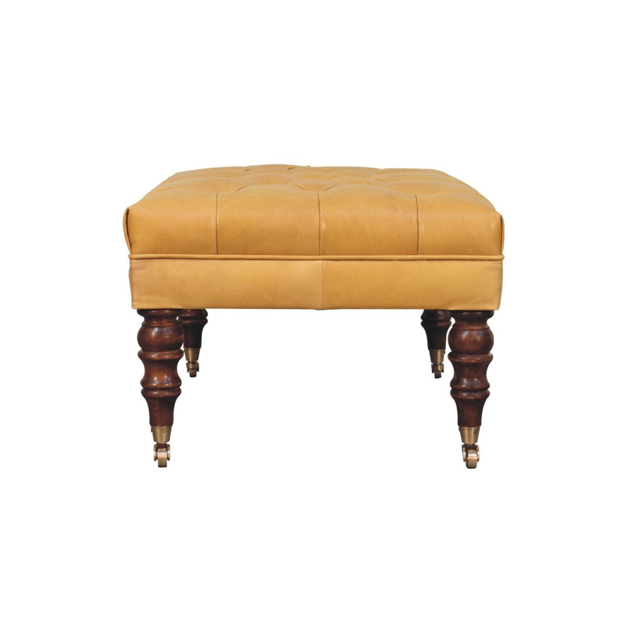 Handcrafted Buffalo Tan Leather Ottoman - Solid Mango Wood Accent Stool for Living Room - product view 9 showing...