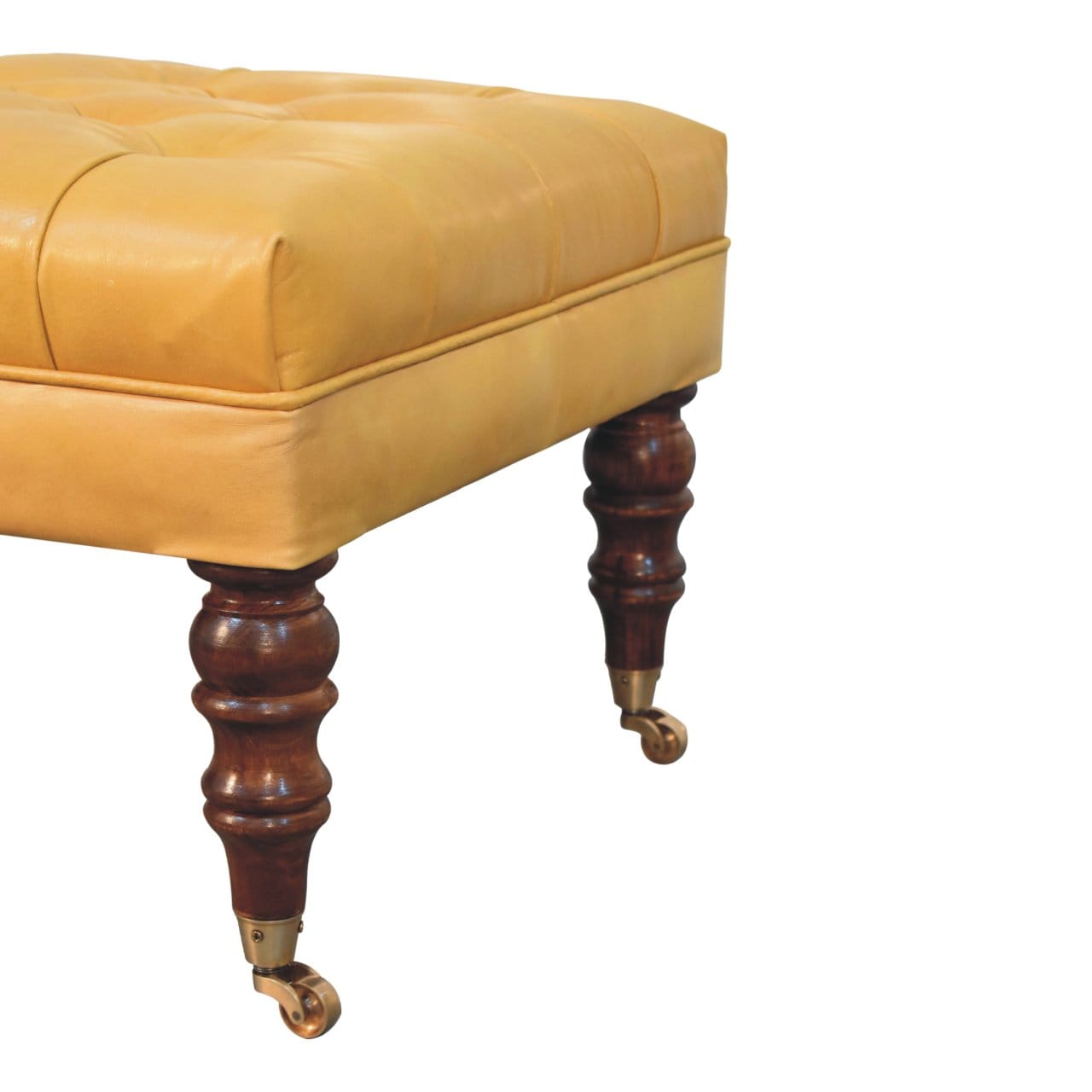 Handcrafted Buffalo Tan Leather Ottoman - Solid Mango Wood Accent Stool for Living Room - product view 8 showing...