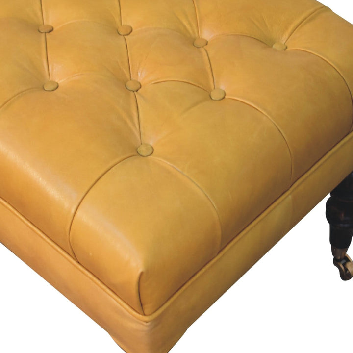 Handcrafted Buffalo Tan Leather Ottoman - Solid Mango Wood Accent Stool for Living Room - product view 7 showing...