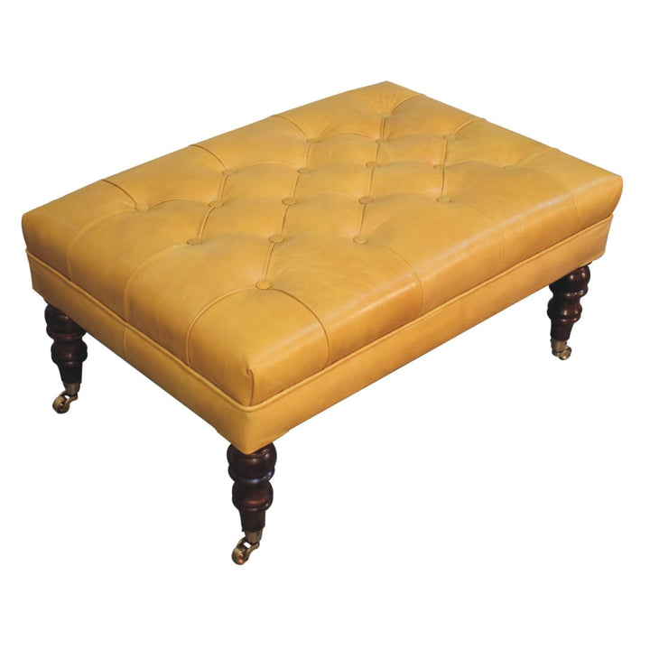 Handcrafted Buffalo Tan Leather Ottoman - Solid Mango Wood Accent Stool for Living Room - product view 6 showing...