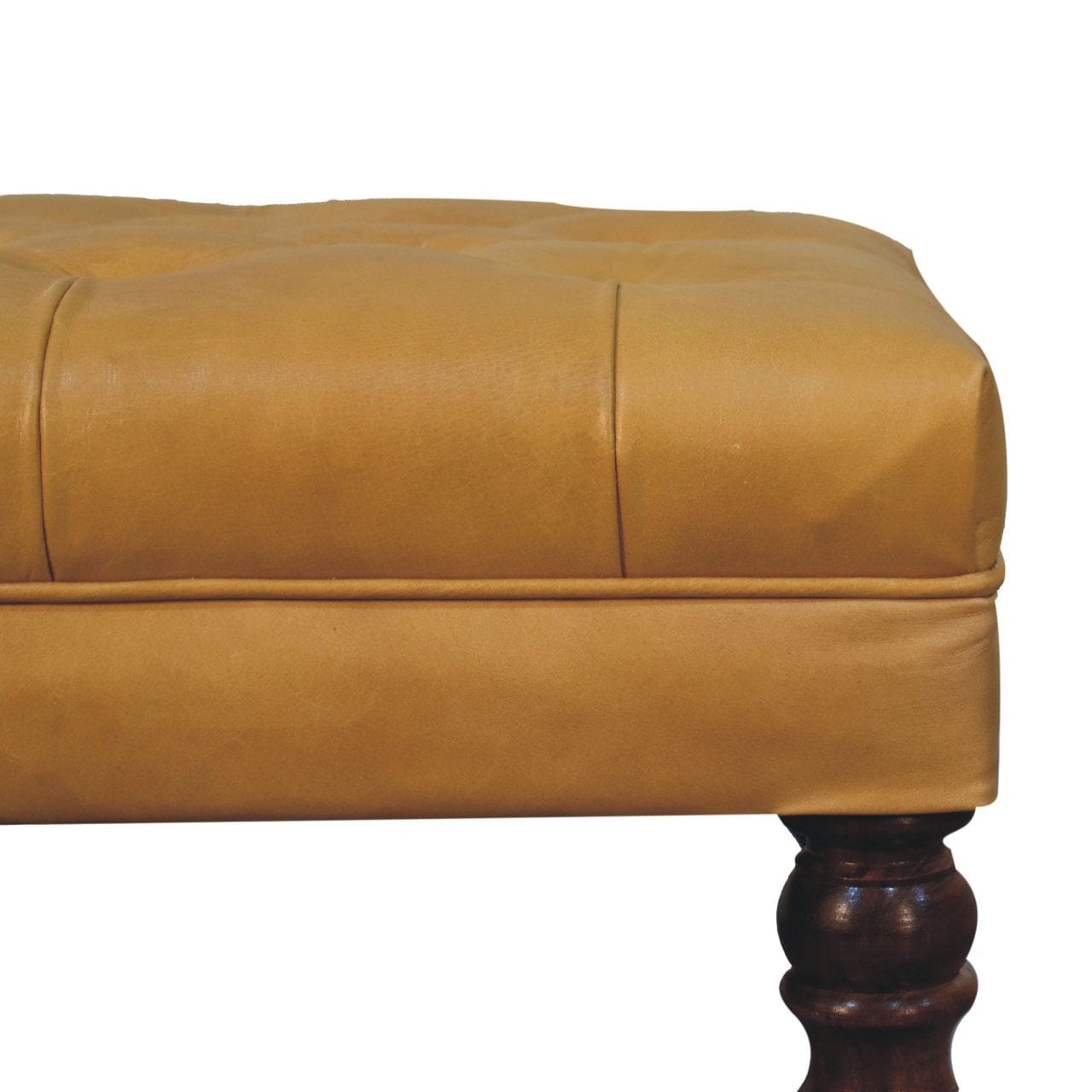Handcrafted Buffalo Tan Leather Ottoman - Solid Mango Wood Accent Stool for Living Room - product view 5 showing...