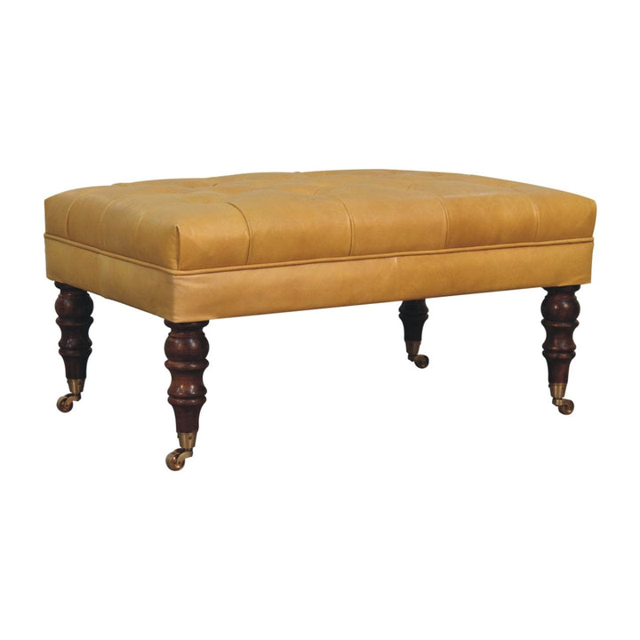 Handcrafted Buffalo Tan Leather Ottoman - Solid Mango Wood Accent Stool for Living Room - product view 4 showing...