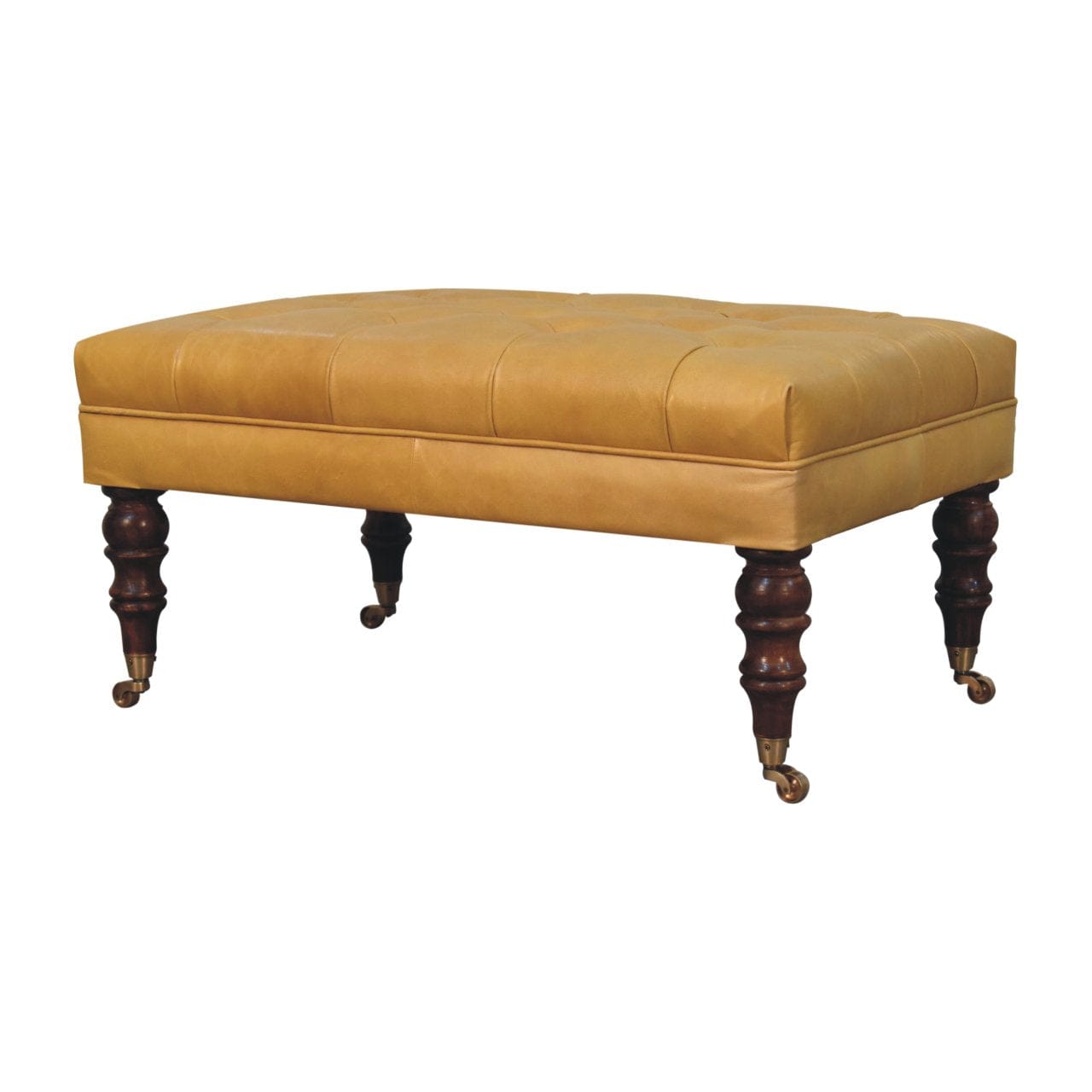 Handcrafted Buffalo Tan Leather Ottoman - Solid Mango Wood Accent Stool for Living Room - product view 3 showing...