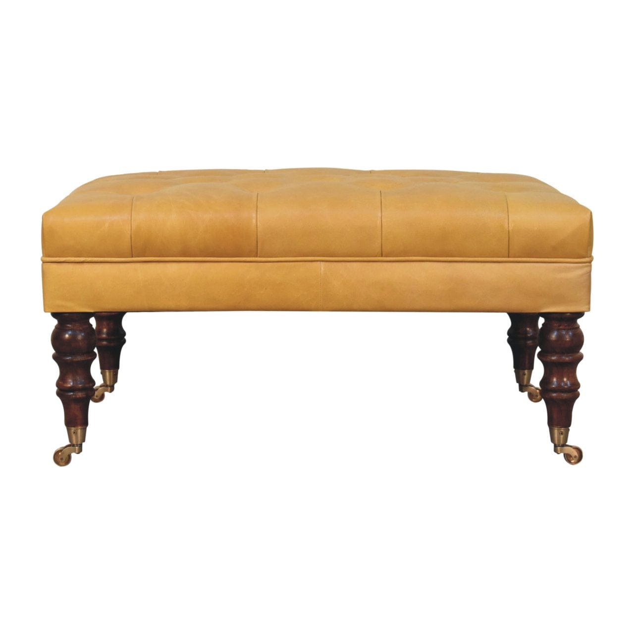 Handcrafted Buffalo Tan Leather Ottoman - Solid Mango Wood Accent Stool for Living Room - product view 2 showing...