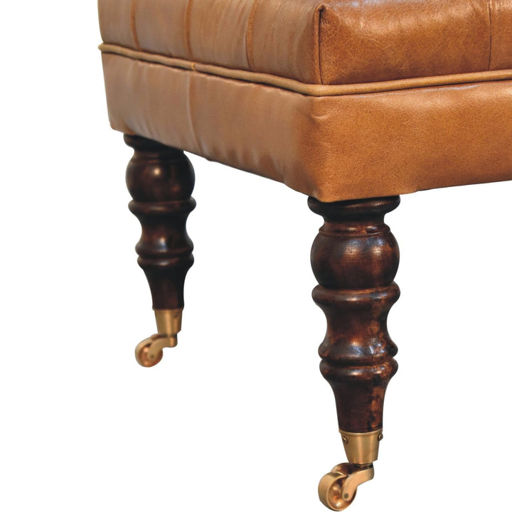 Handcrafted California Walnut Buffalo Brown Leather Ottoman - Solid Mango Wood Accent Stool for Living Room - product...