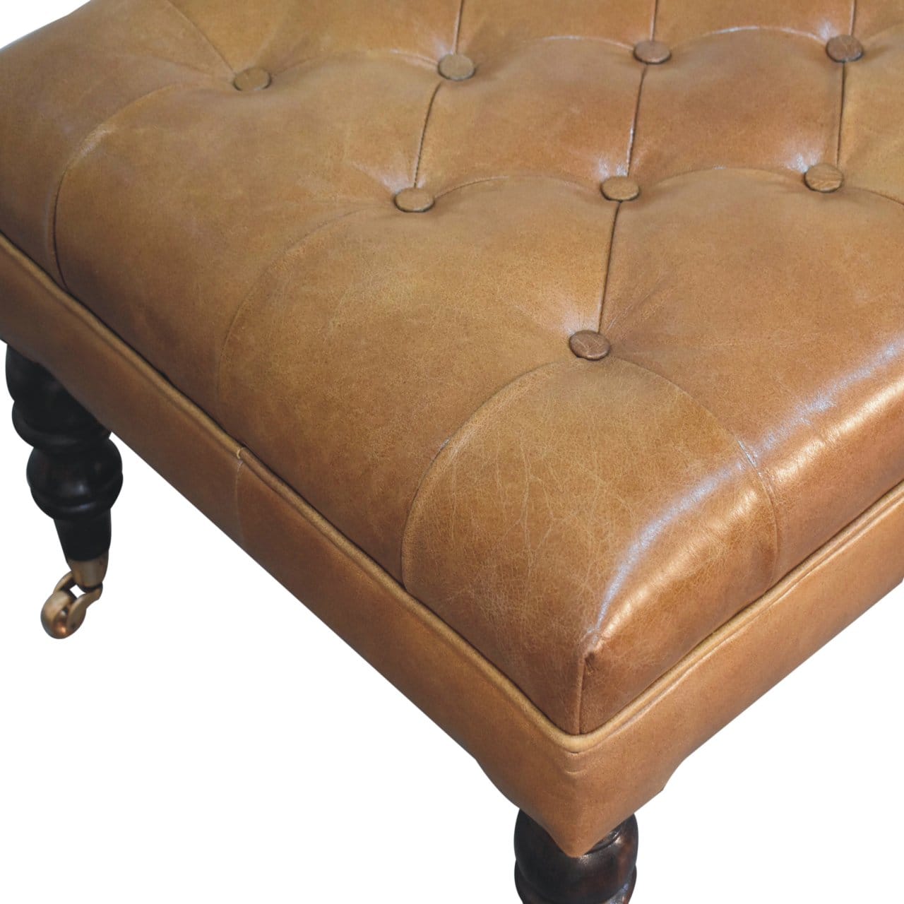 Handcrafted California Walnut Buffalo Brown Leather Ottoman - Solid Mango Wood Accent Stool for Living Room - product...