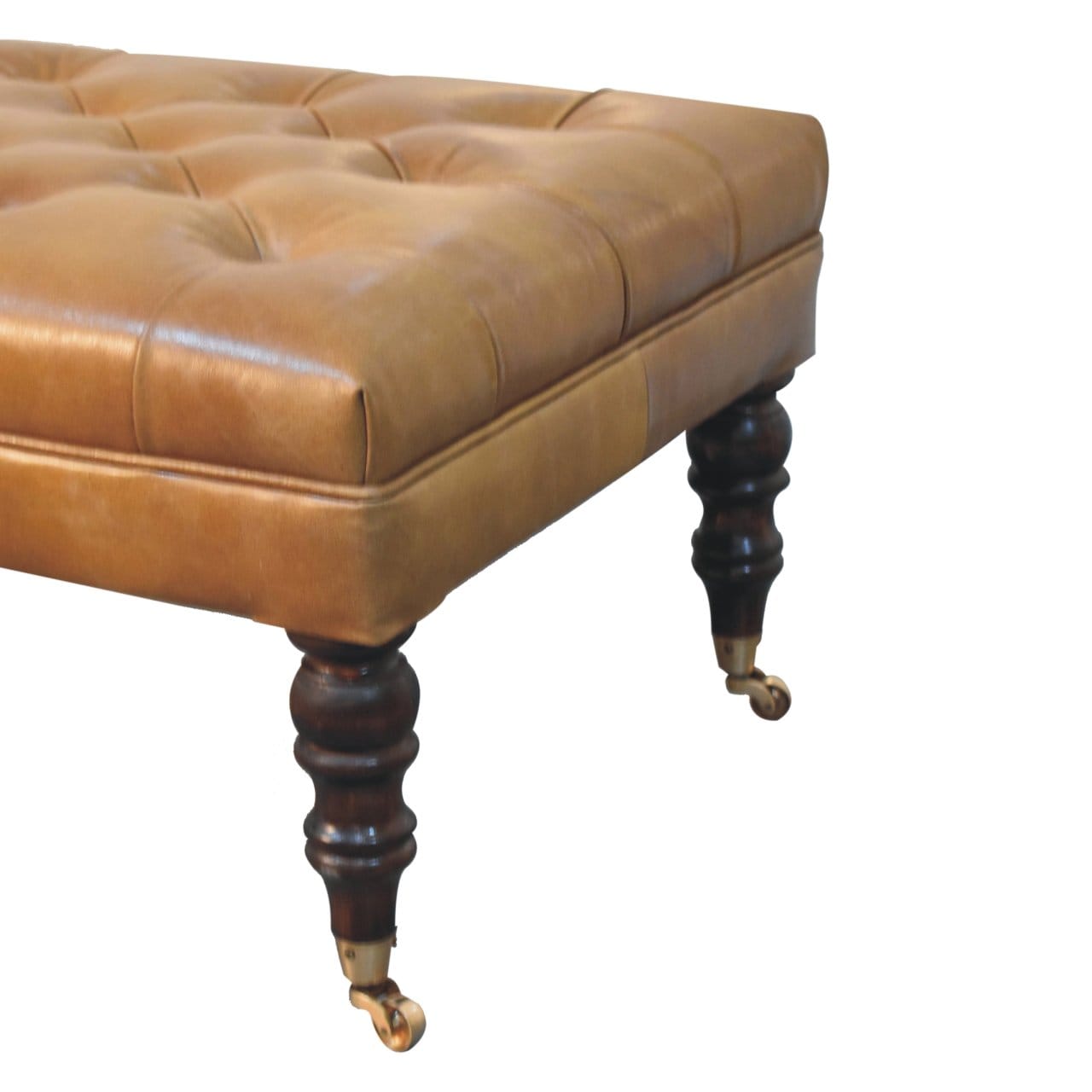 Handcrafted California Walnut Buffalo Brown Leather Ottoman - Solid Mango Wood Accent Stool for Living Room - product...