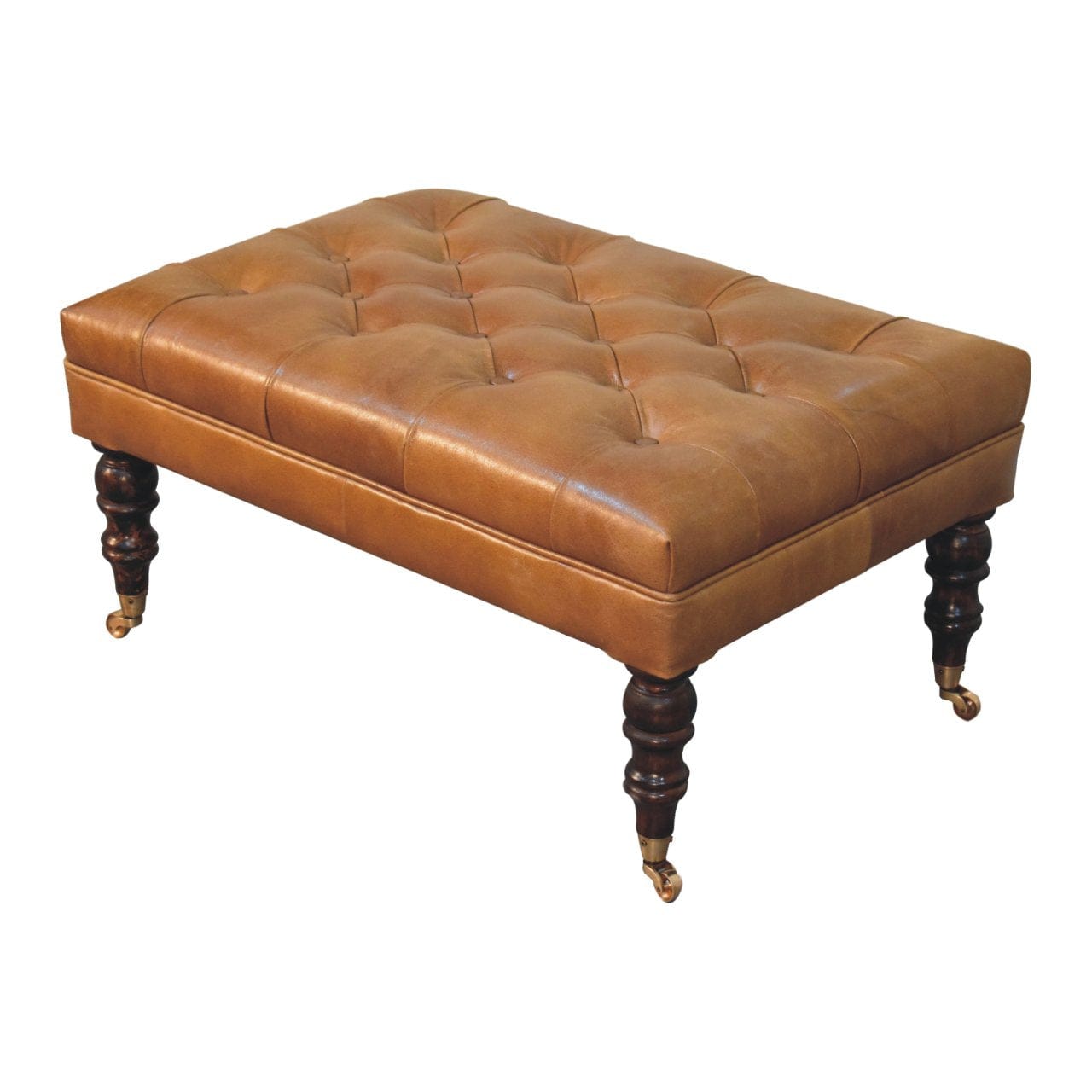 Handcrafted California Walnut Buffalo Brown Leather Ottoman - Solid Mango Wood Accent Stool for Living Room - product...