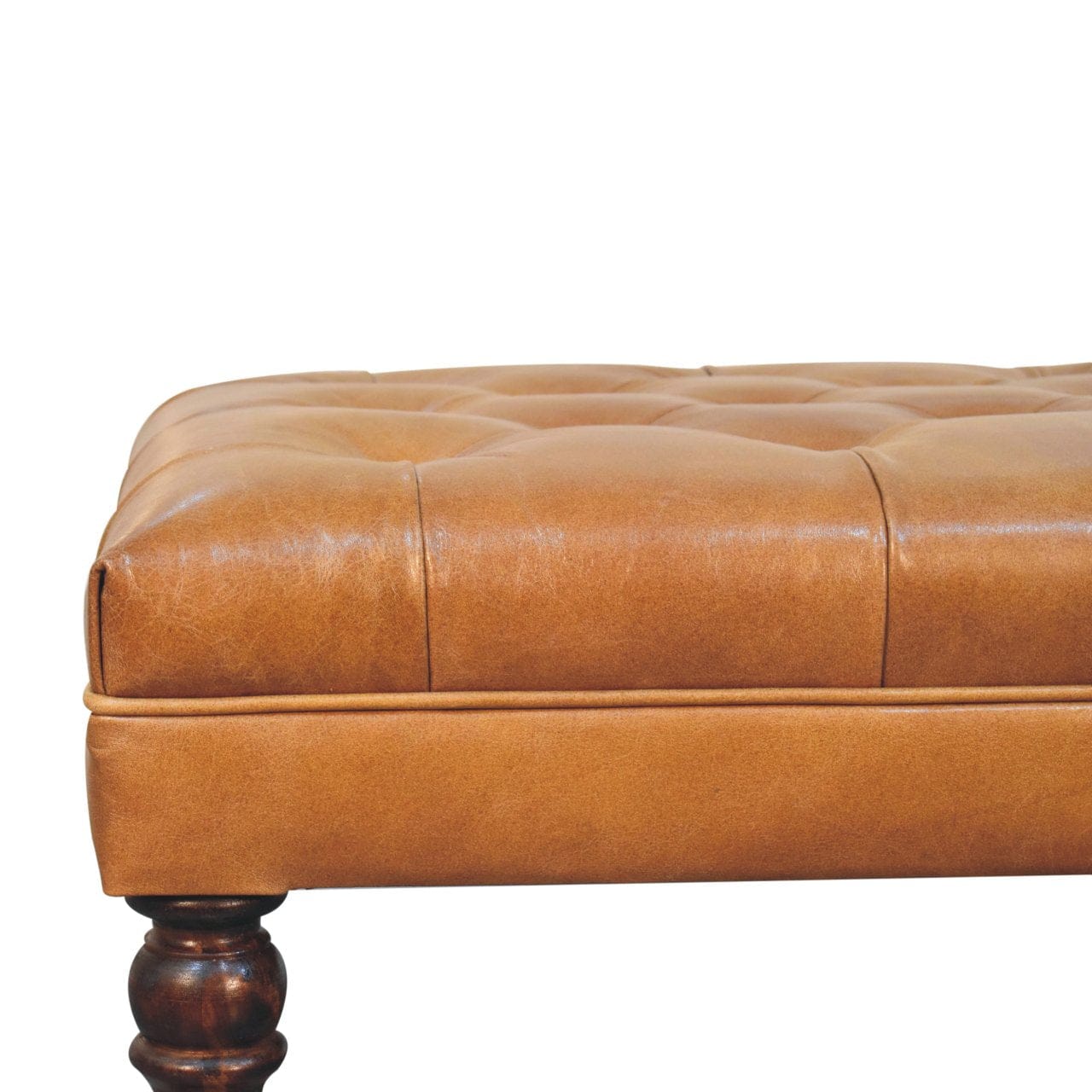 Handcrafted California Walnut Buffalo Brown Leather Ottoman - Solid Mango Wood Accent Stool for Living Room - product...