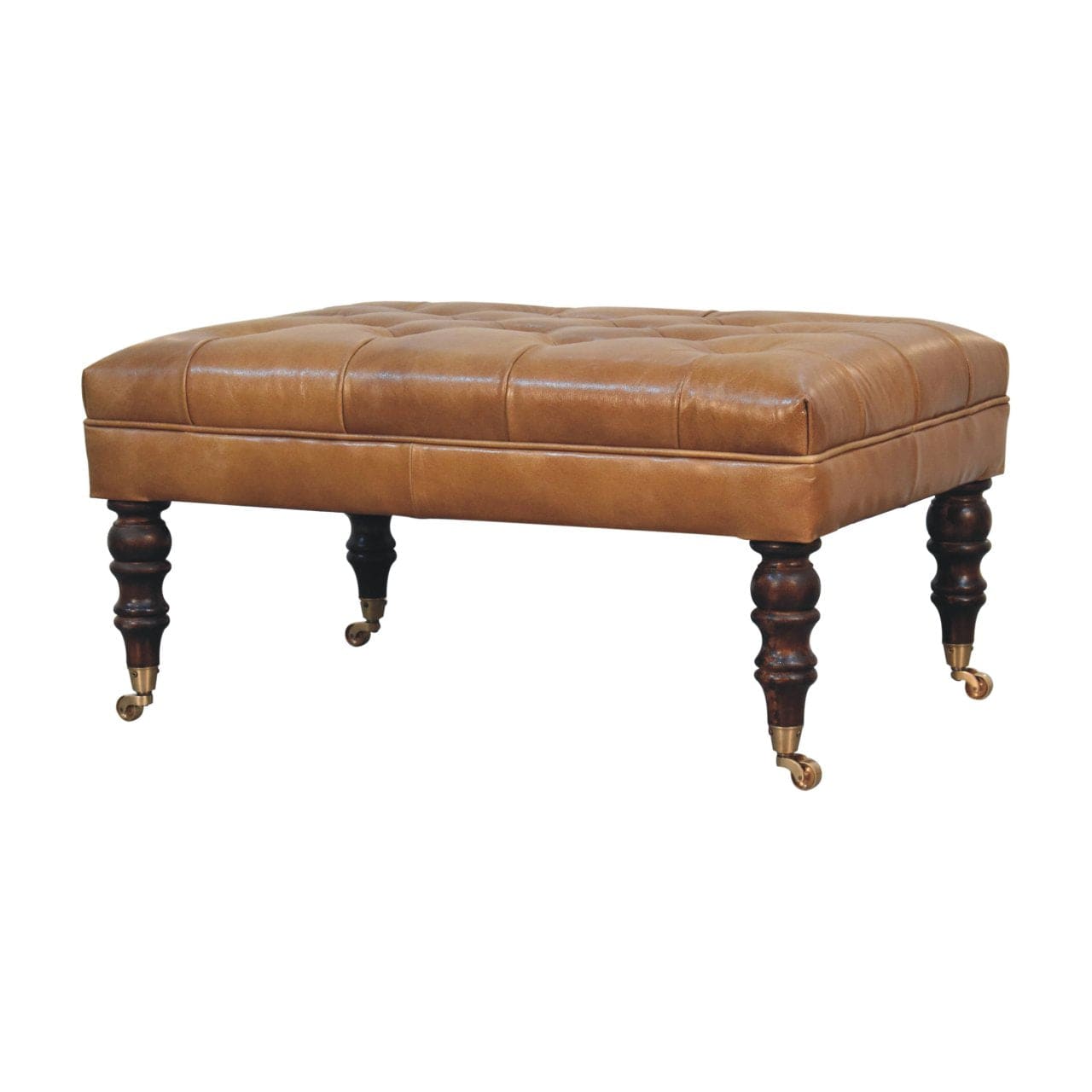 Handcrafted California Walnut Buffalo Brown Leather Ottoman - Solid Mango Wood Accent Stool for Living Room - product...