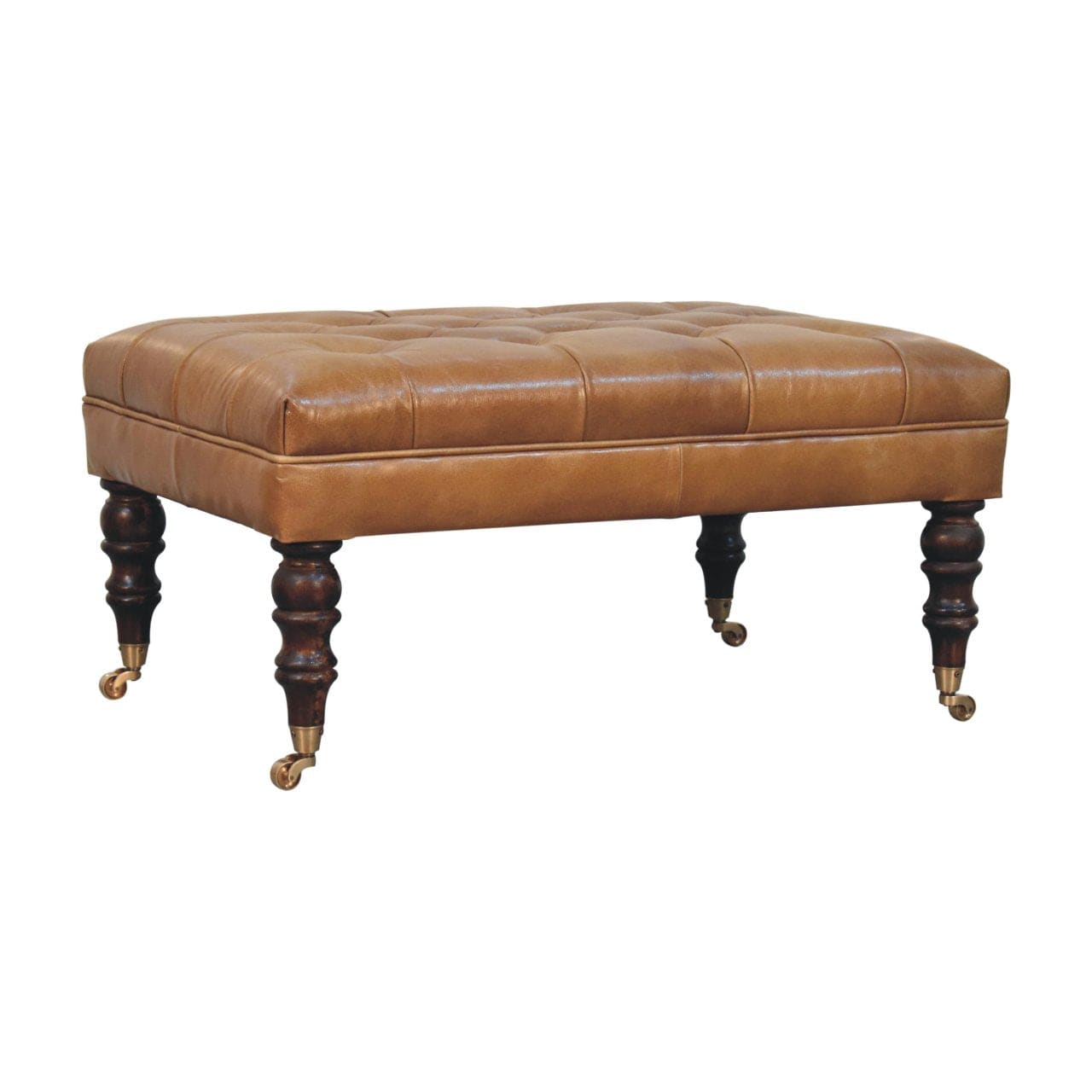 Handcrafted California Walnut Buffalo Brown Leather Ottoman - Solid Mango Wood Accent Stool for Living Room - product...