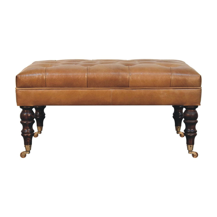 Handcrafted California Walnut Buffalo Brown Leather Ottoman - Solid Mango Wood Accent Stool for Living Room - main view...