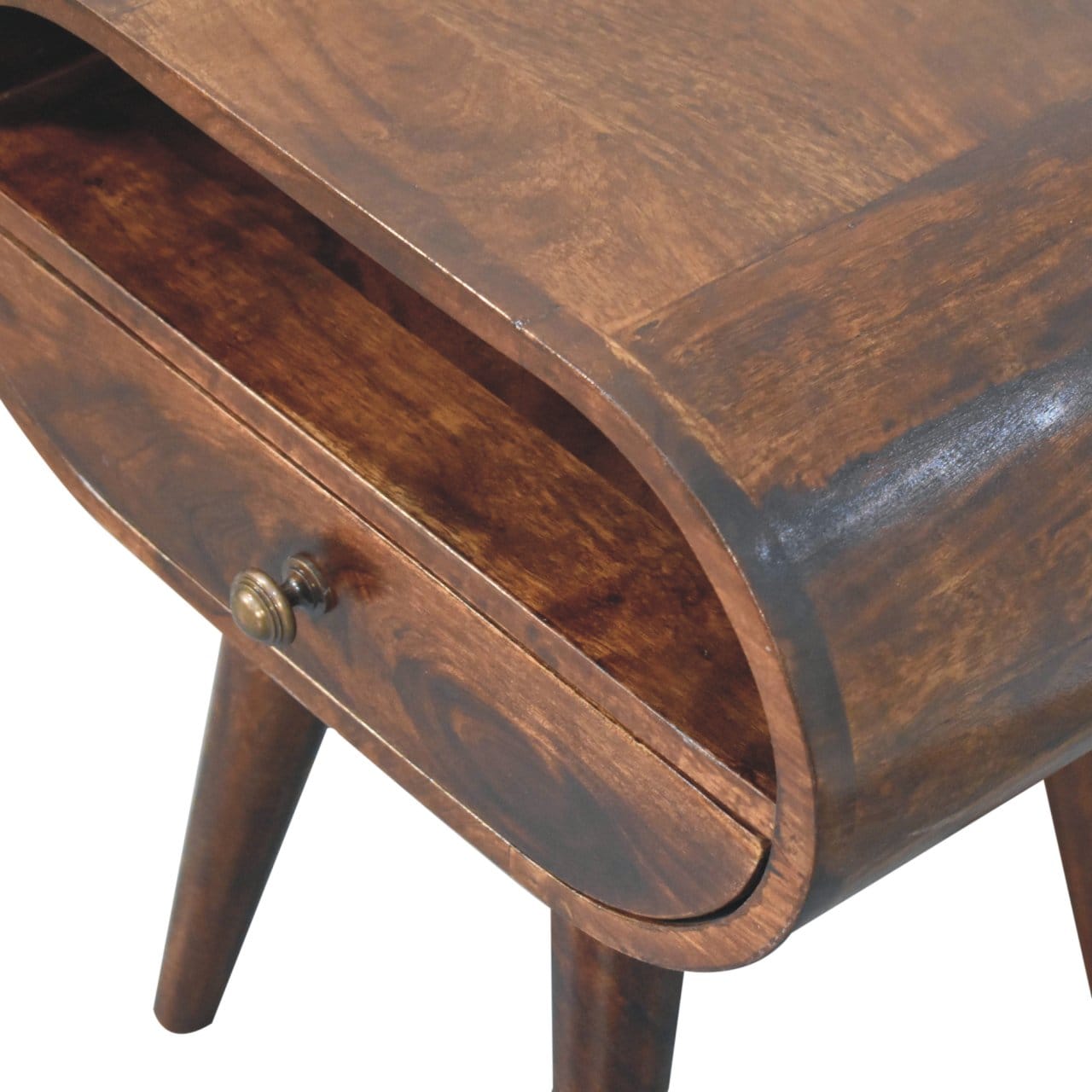 Handcrafted California Walnut Circular Nightstand - Solid Mango Wood Bedside Table for Bedroom - product view 6 showing...