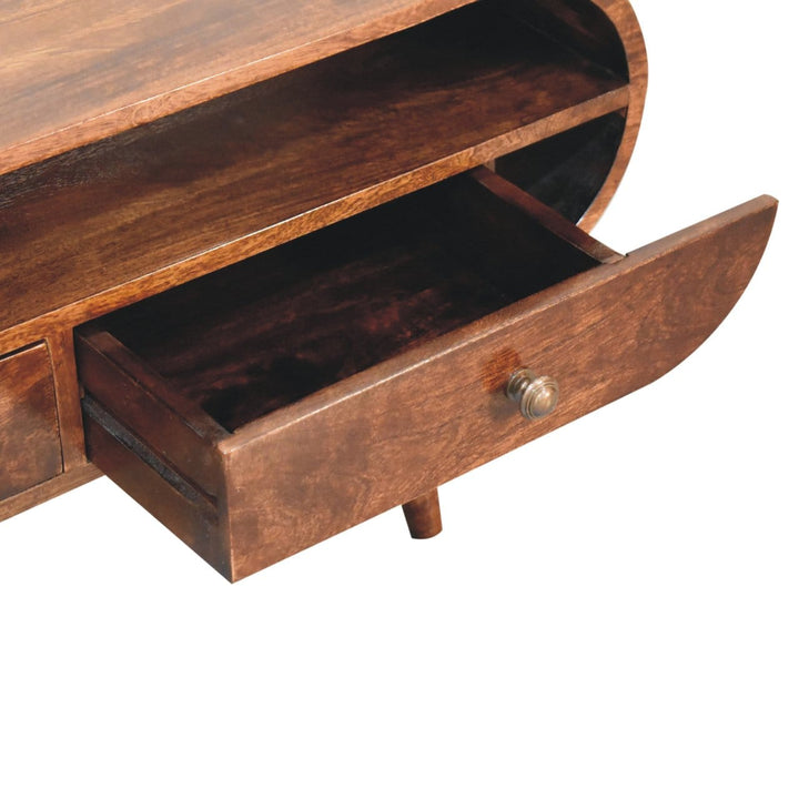 Handcrafted California Walnut Circular TV Stand - Solid Mango Wood Entertainment Center for Living Room - product view 7...