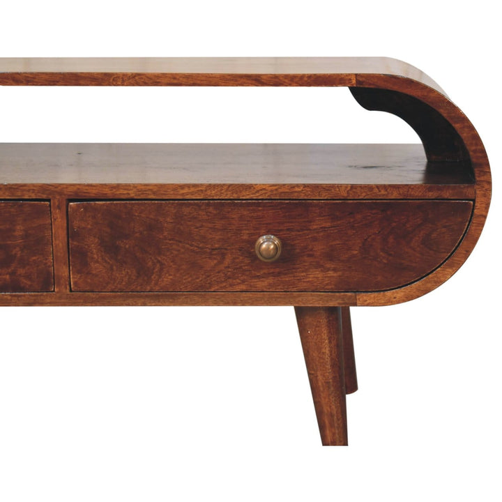 Handcrafted California Walnut Circular TV Stand - Solid Mango Wood Entertainment Center for Living Room - product view 5...
