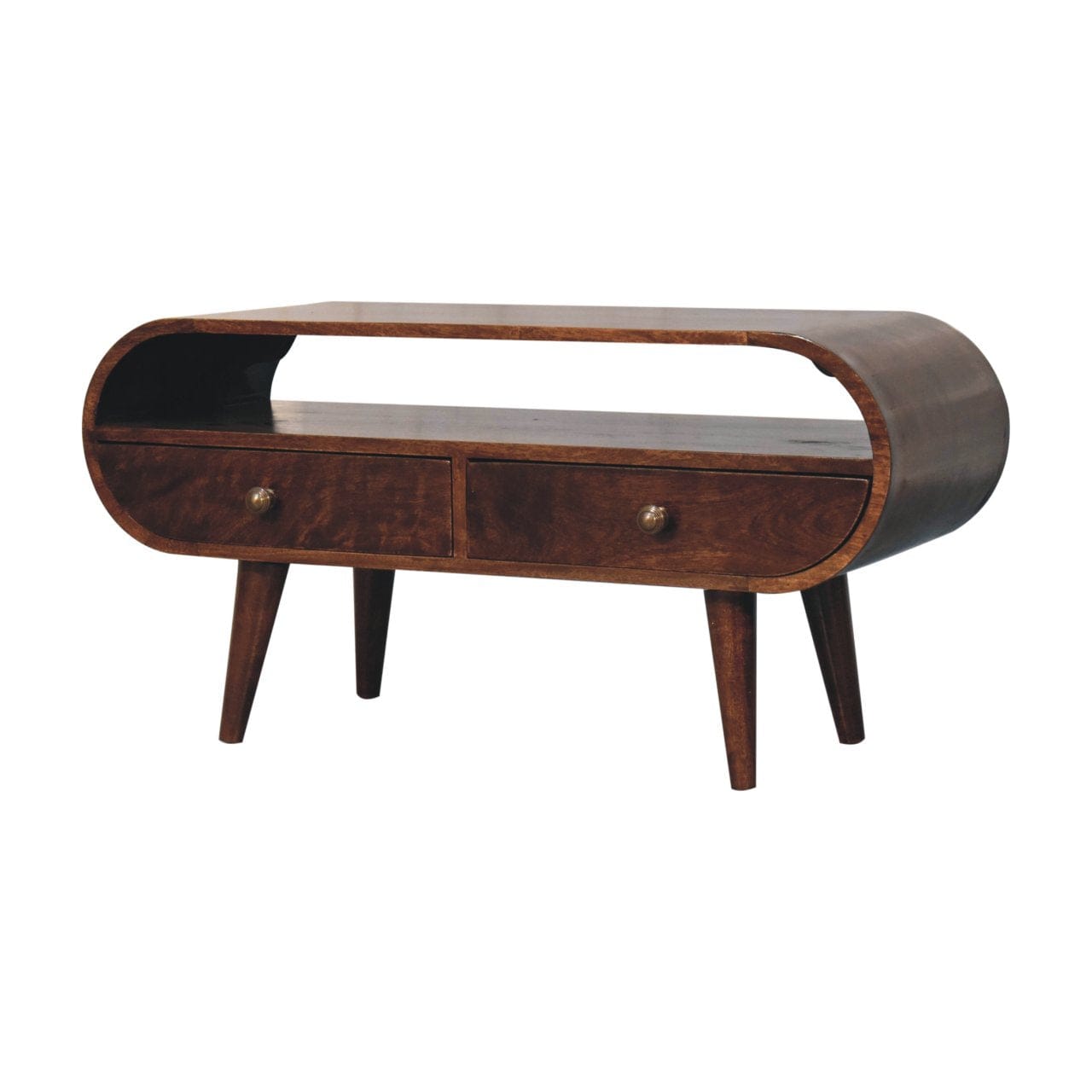 Handcrafted California Walnut Circular TV Stand - Solid Mango Wood Entertainment Center for Living Room - product view 4...