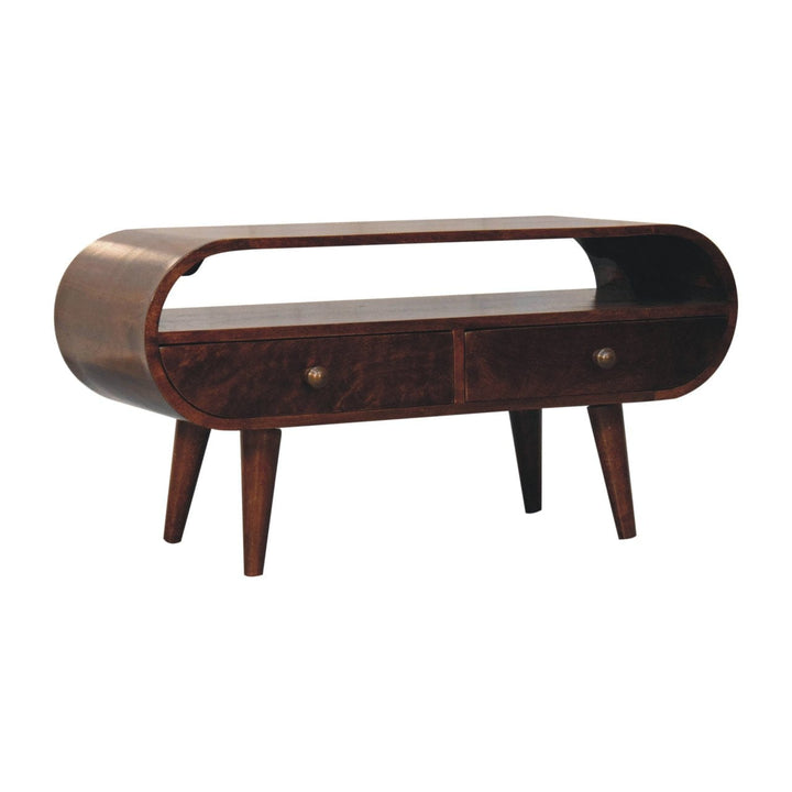 Handcrafted California Walnut Circular TV Stand - Solid Mango Wood Entertainment Center for Living Room - product view 3...