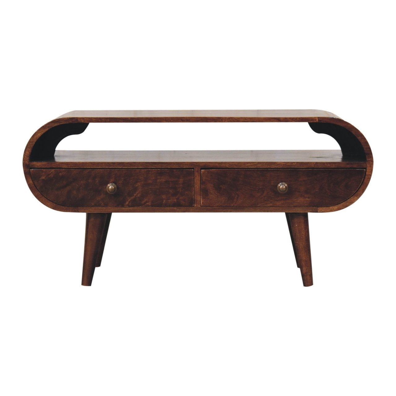 Handcrafted California Walnut Circular TV Stand - Solid Mango Wood Entertainment Center for Living Room - product view 2...
