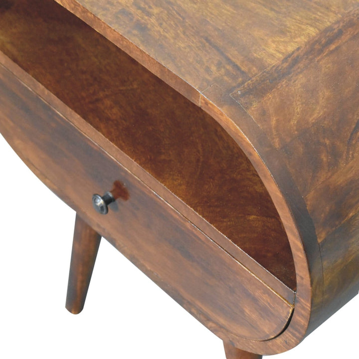 Handcrafted Chestnut Circular Open Nightstand - Solid Mango Wood Bedside Table for Bedroom - product view 6 showing...
