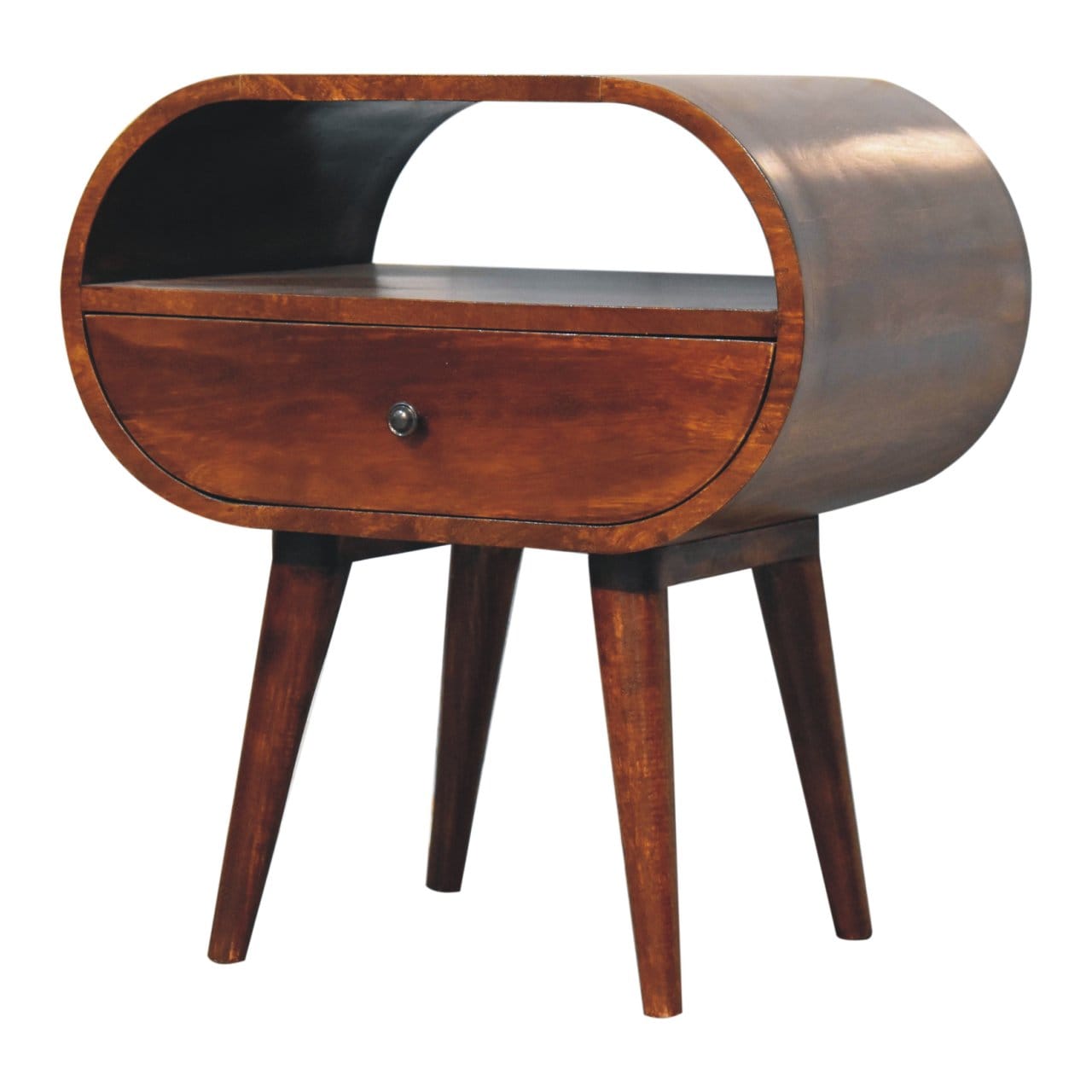 Handcrafted Chestnut Circular Open Nightstand - Solid Mango Wood Bedside Table for Bedroom - product view 3 showing...