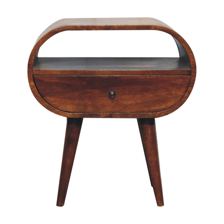 Handcrafted Chestnut Circular Open Nightstand - Solid Mango Wood Bedside Table for Bedroom - product view 2 showing...