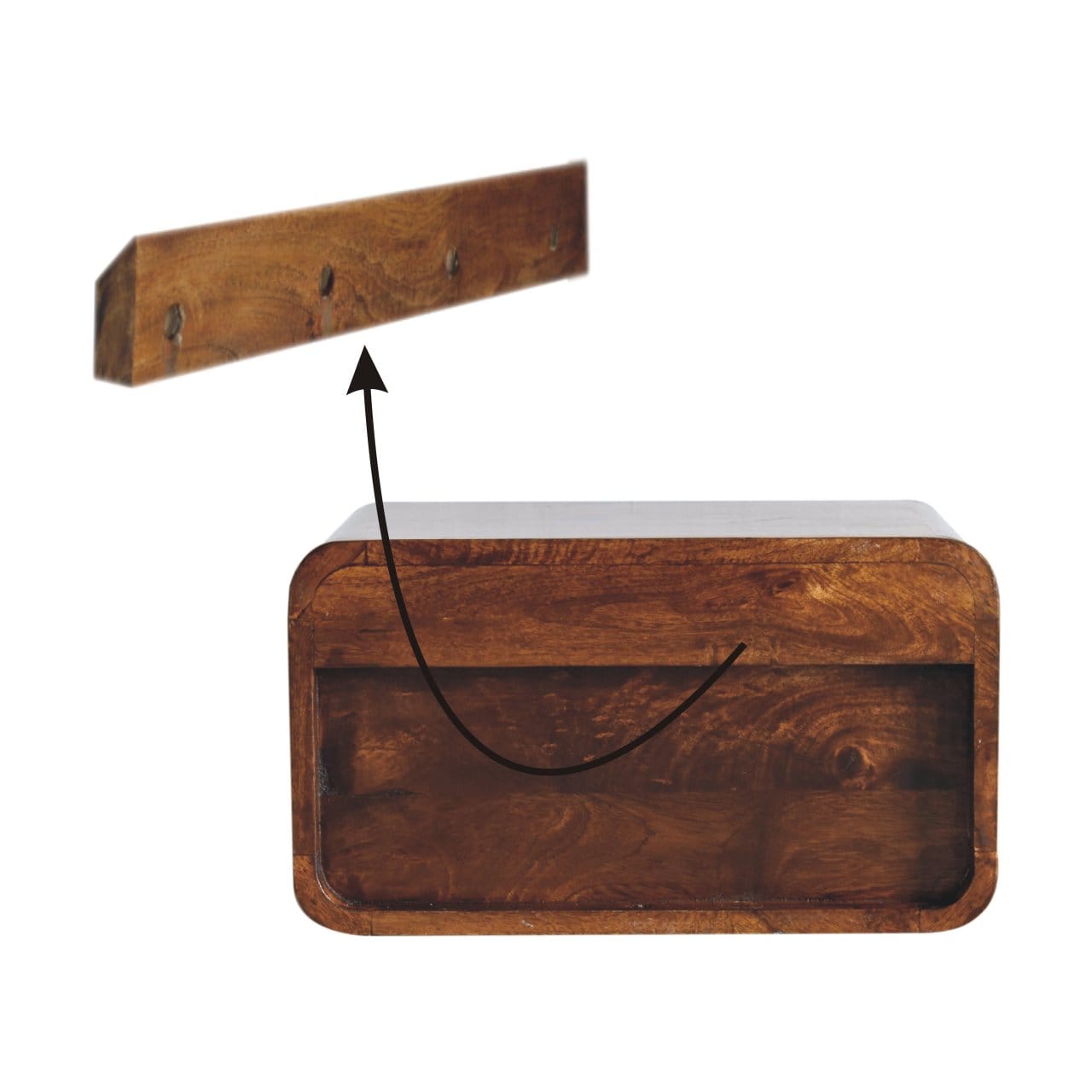 Handcrafted Chestnut Curve Upper Slot Floating Nightstand - Solid Mango Wood Bedside Table for Bedroom - product view 9...