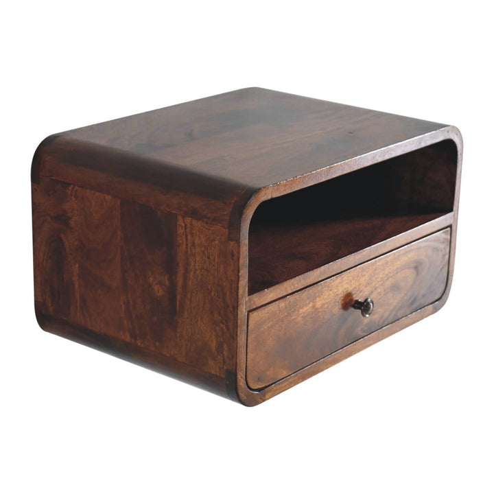 Handcrafted Chestnut Curve Upper Slot Floating Nightstand - Solid Mango Wood Bedside Table for Bedroom - product view 6...