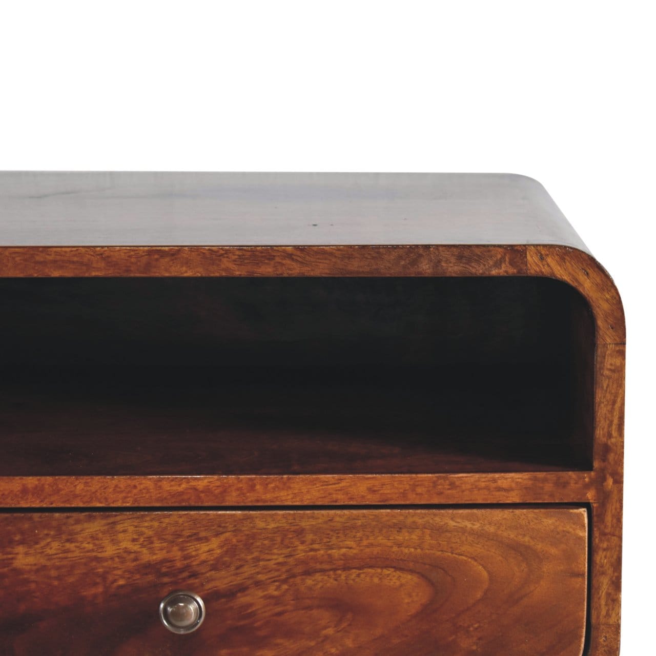 Handcrafted Chestnut Curve Upper Slot Floating Nightstand - Solid Mango Wood Bedside Table for Bedroom - product view 4...