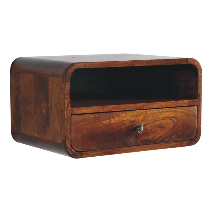 Handcrafted Chestnut Curve Upper Slot Floating Nightstand - Solid Mango Wood Bedside Table for Bedroom - product view 3...