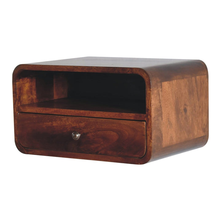 Handcrafted Chestnut Curve Upper Slot Floating Nightstand - Solid Mango Wood Bedside Table for Bedroom - product view 2...