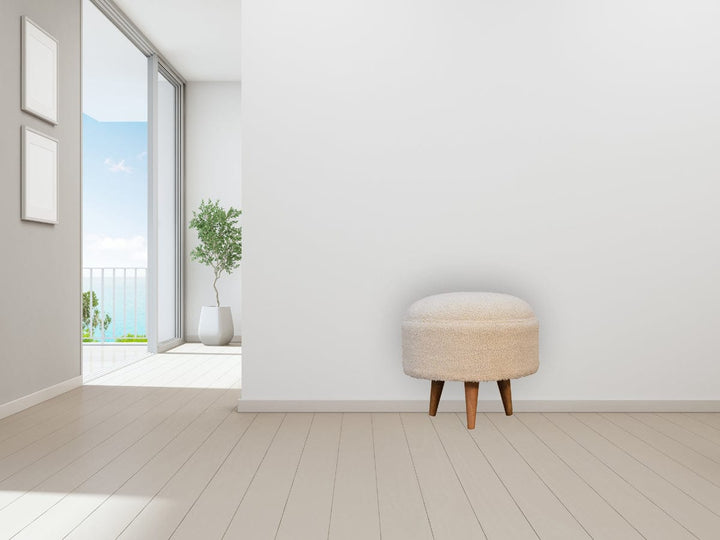 Handcrafted Cream Boucle Rounded Footstool - Solid Mango Wood Accent Stool for Living Room - product view 8 showing...
