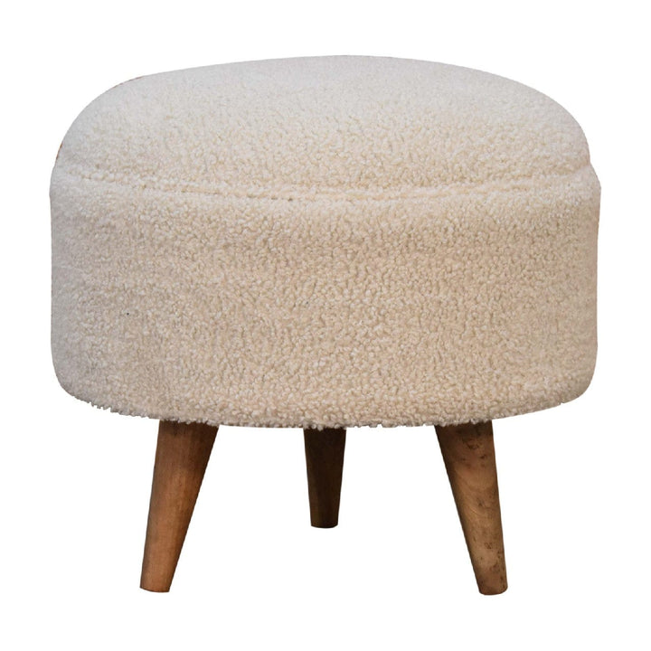 Handcrafted Cream Boucle Rounded Footstool - Solid Mango Wood Accent Stool for Living Room - product view 6 showing...