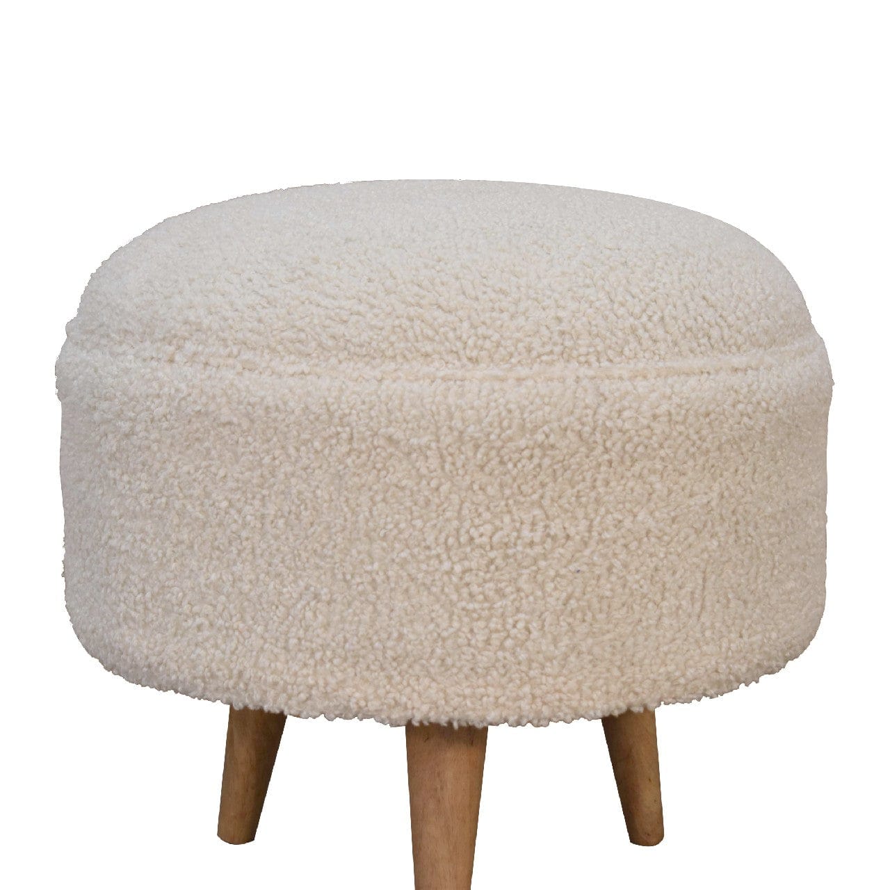 Handcrafted Cream Boucle Rounded Footstool - Solid Mango Wood Accent Stool for Living Room - product view 4 showing...
