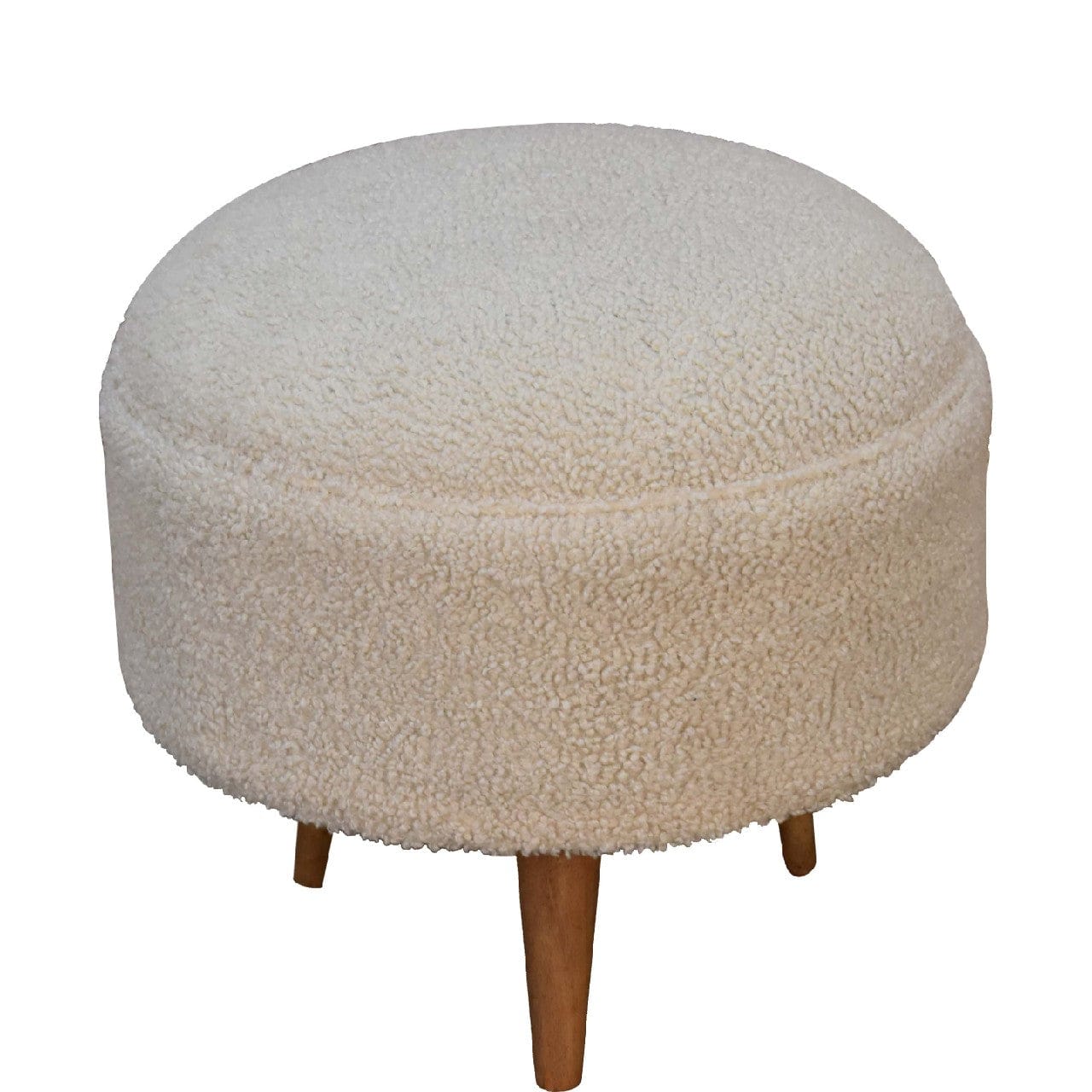 Handcrafted Cream Boucle Rounded Footstool - Solid Mango Wood Accent Stool for Living Room - product view 2 showing...